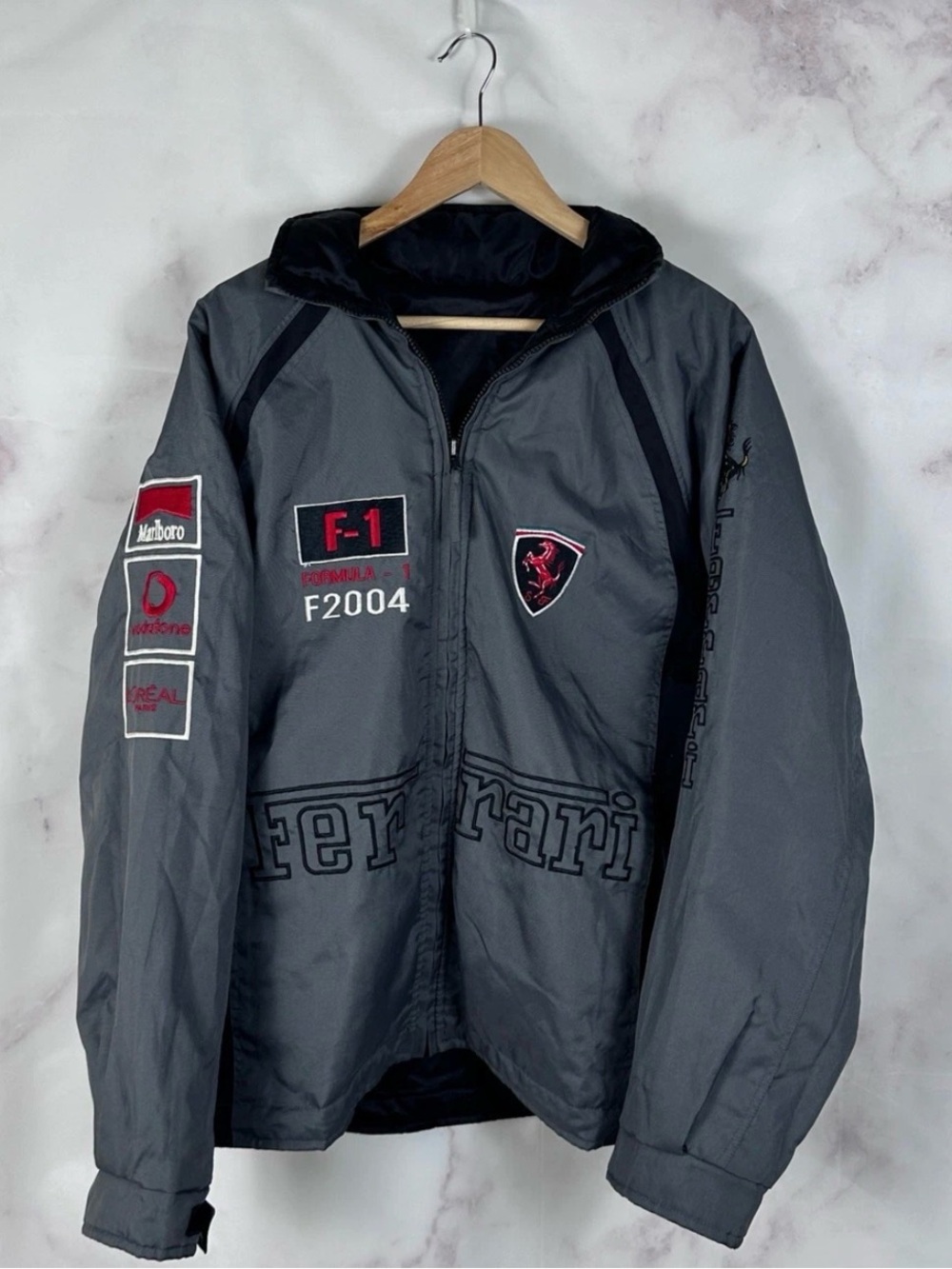 Vintage Formula 1 Ferrari Jacket Reversible Racing Patch Grey Size L Windbreaker
